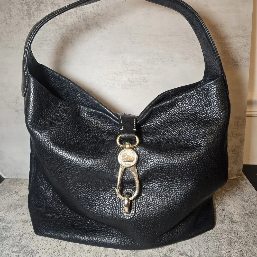 Vtg Dooney & Bourke Lucca Leather Logo Lock Hobo Black Pebbled Gold Hardwear